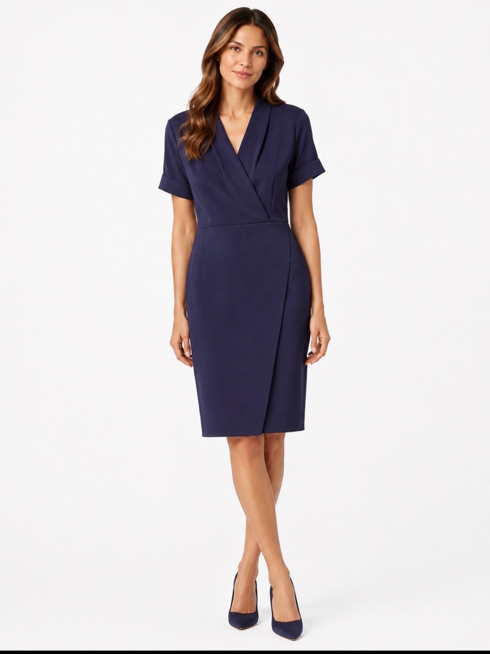 MM Lafleur Navy Wrap-Front Midi Dress in Tech Fabric- NWOT